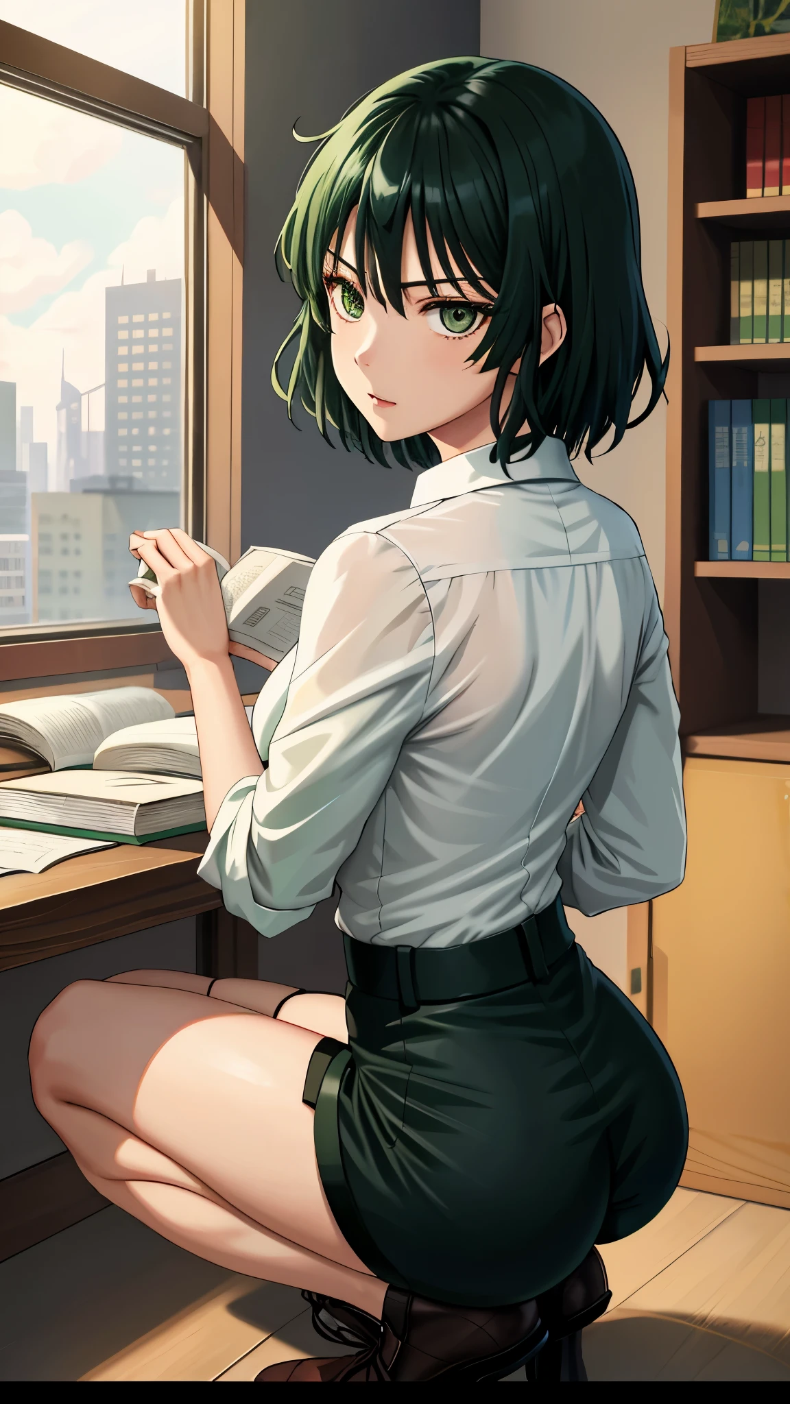 Anime screenshots, City, 1 girl, Alone of, Dark green hair, green eyes, looking at the audience, of, Keep your mouth shut, yes, wide hips, White shirt, shorts, Unbutton shorts, Squatting, , Books and periodicals, Back