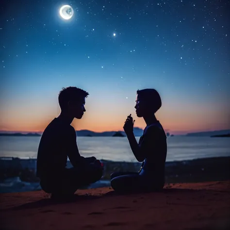 A boy and a girl They talk to each other in the middle of the night while looking at the moon 