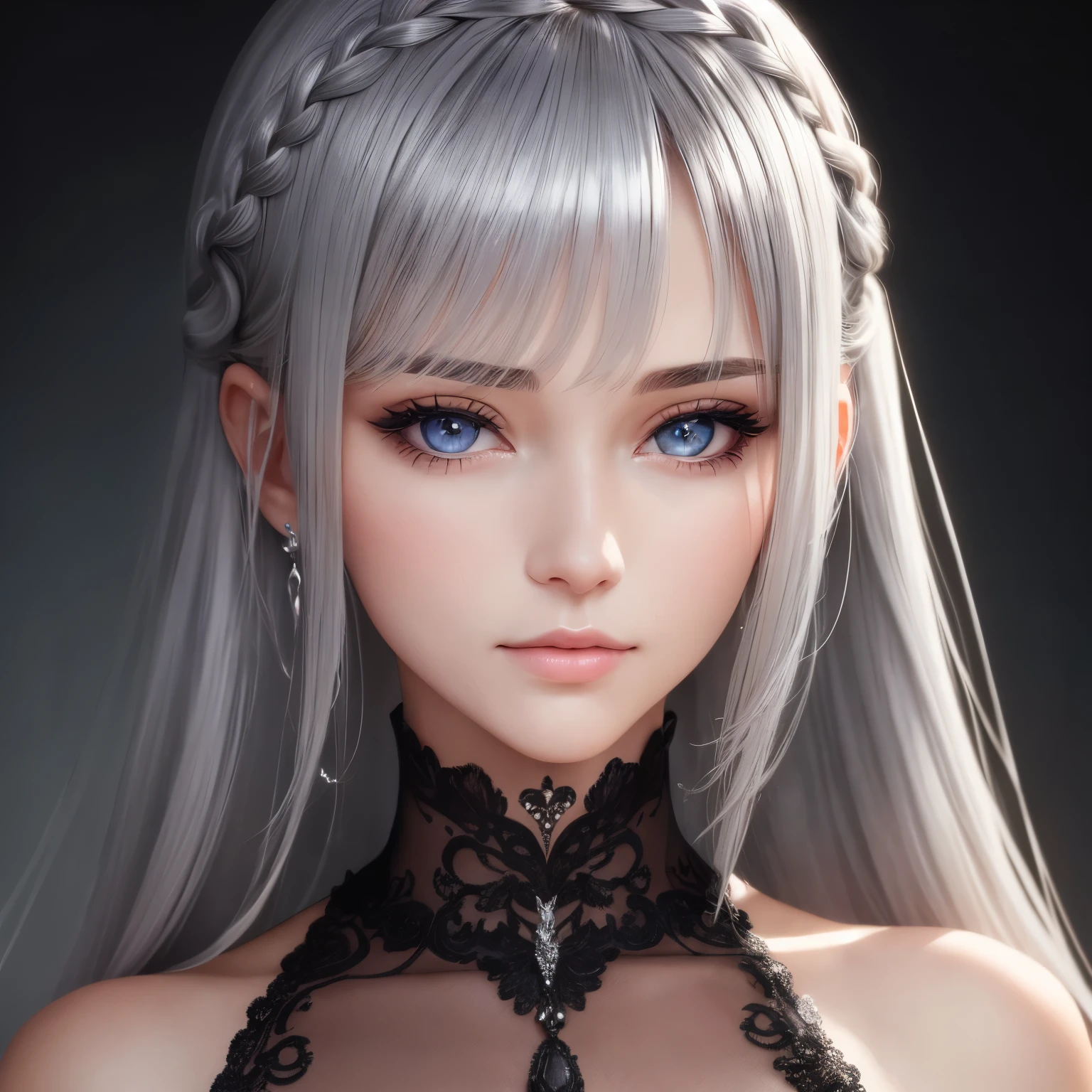best quality, 32k, RAW photo, incredibly absurdres, extremely detailed, delicate texture, beautiful lady face, silver glossy hair, side braided hair, black iridescent shiny eyes