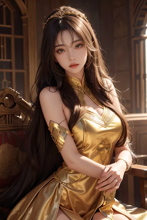 model shoot, (1 girl), long hair, Islamic warrior, golden outfit, laces, shining:1.5, hyper realistic, super detailed, Dynamic s...