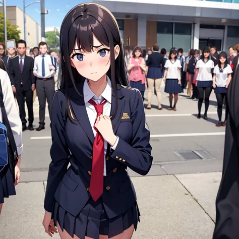 A thin female student with small breasts,{embarrassed face},station,large crowd of people,show off breasts,school uniform,nsfw,
