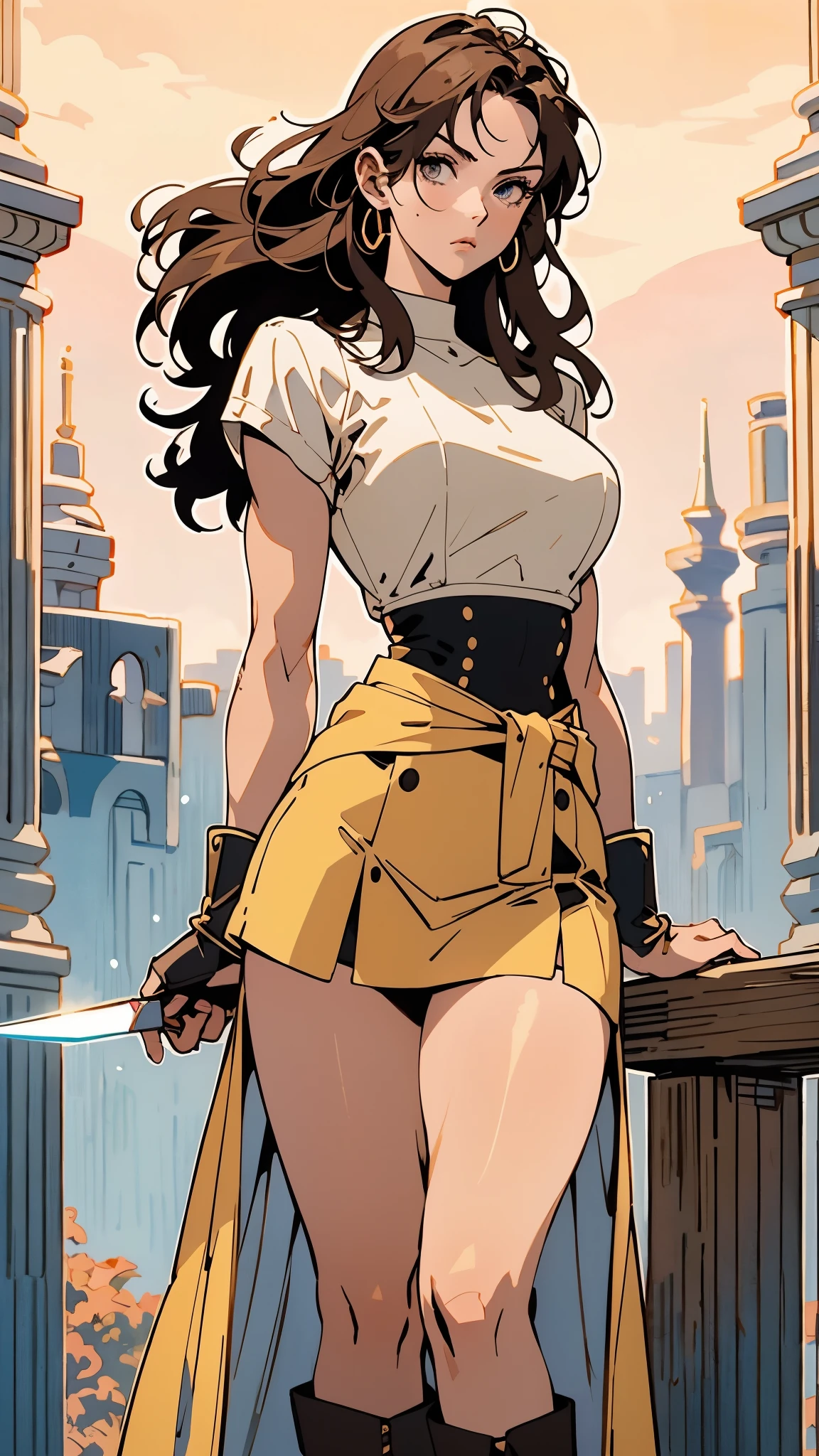 A woman with long brown hair, a determined expression on her exquisite face, a tall and muscular physique, a cropped top that exposes her waist, a yellow leather jacket with rolled-up sleeves, sturdy wooden forearm guards, two ribbons are elegantly tied around her right arm, a short skirt with a small tool pouch around her waist, a dagger is strapped to her thigh, rough cloth boots, her right hand holds a massive cleaver, standing in a fantasy-style wilderness city, this character embodies a finely crafted fantasy-style bounty hunter in anime style, exquisite and mature manga art style, high definition, best quality, highres, ultra-detailed, ultra-fine painting, extremely delicate, professional, anatomically correct, symmetrical face, extremely detailed eyes and face, high quality eyes, creativity, RAW photo, UHD, 8k, Natural light, cinematic lighting, masterpiece-anatomy-perfect, masterpiece:1.5