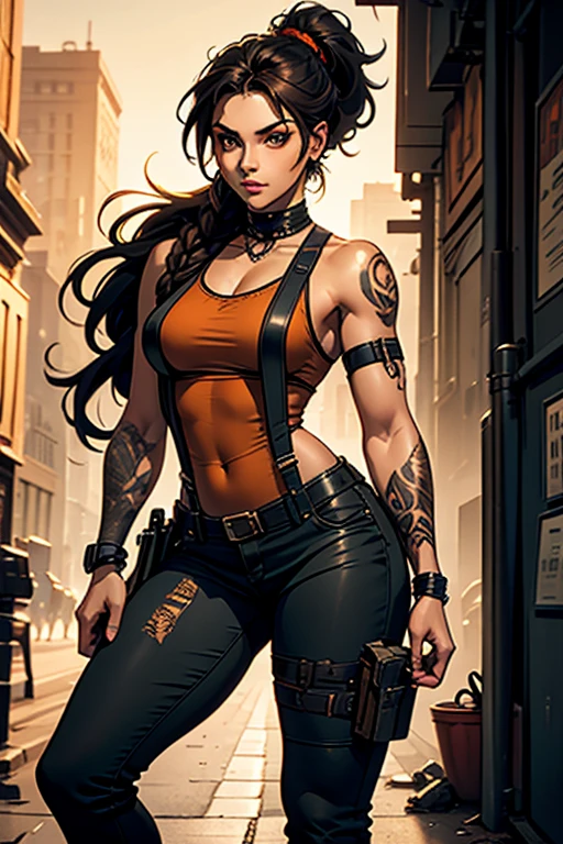 High resolution, best quality, A 30-year-old Middle Eastern woman with a warm sepia skin tone, long black hair in a braided ponytail, and piercing brown eyes, wears an old rusty orange shirt black fatigue pants, black combat boots, single suspender wraps around her right shoulder, empty gun holster tucked underneath her left armpit, Her left arm is covered up entirely with tattoos, her right arm shows several battle scars with a tattoo of a phrase written out on her inner forearm, slim muscular mesomorph female body, in a city with warm daylight