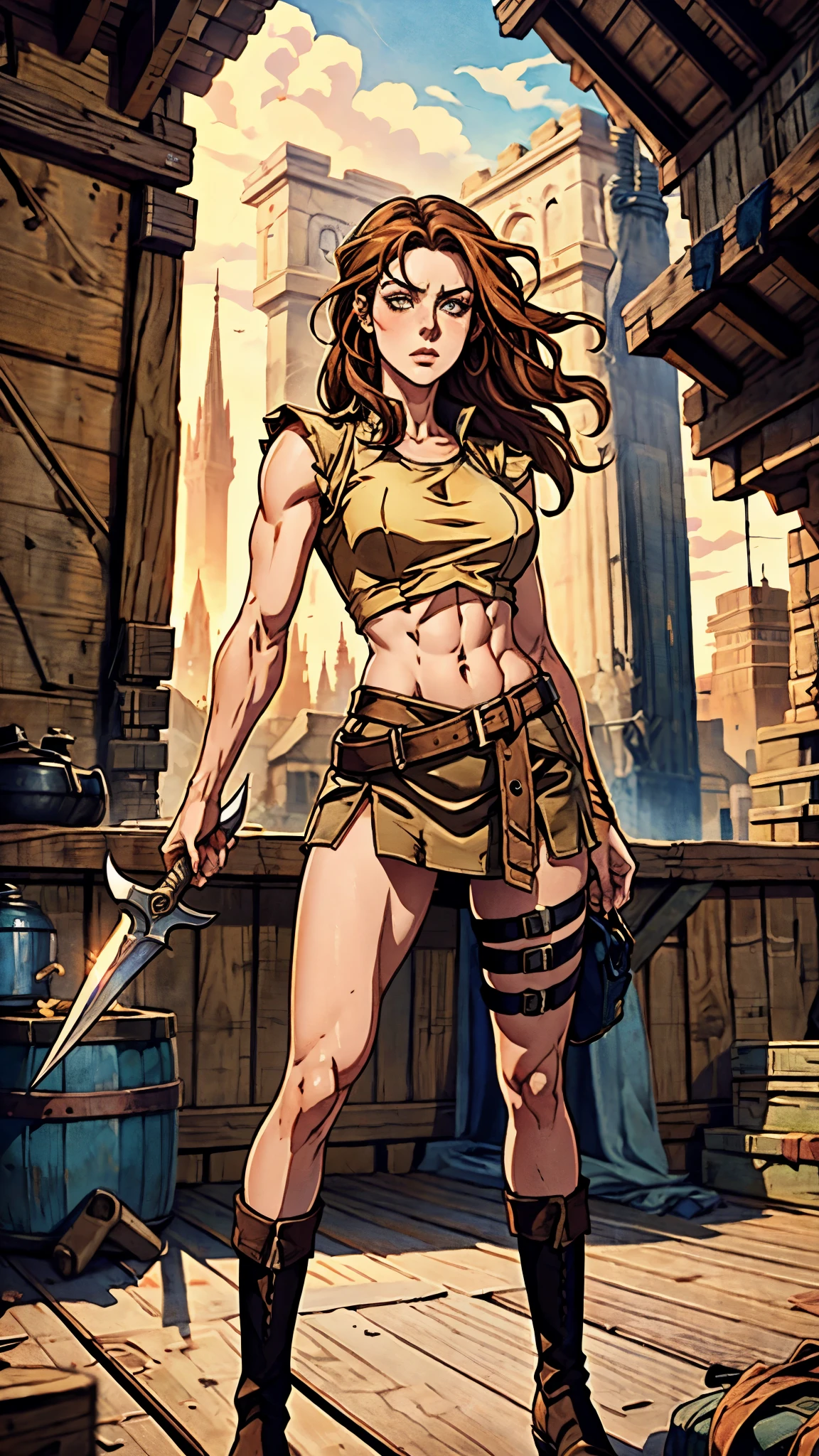 A woman with long brown hair, a determined expression on her exquisite face, a tall and muscular physique, a cropped top that exposes her waist, a yellow leather jacket with rolled-up sleeves, sturdy wooden forearm guards, two ribbons are elegantly tied around her right arm, a short skirt with a small tool pouch around her waist, a dagger is strapped to her thigh, rough cloth boots, her right hand holds a massive cleaver, standing in a fantasy-style wilderness city, this character embodies a finely crafted fantasy-style bounty hunter in anime style, exquisite and mature manga art style, high definition, best quality, highres, ultra-detailed, ultra-fine painting, extremely delicate, professional, anatomically correct, symmetrical face, extremely detailed eyes and face, high quality eyes, creativity, RAW photo, UHD, 8k, Natural light, cinematic lighting, masterpiece-anatomy-perfect, masterpiece:1.5