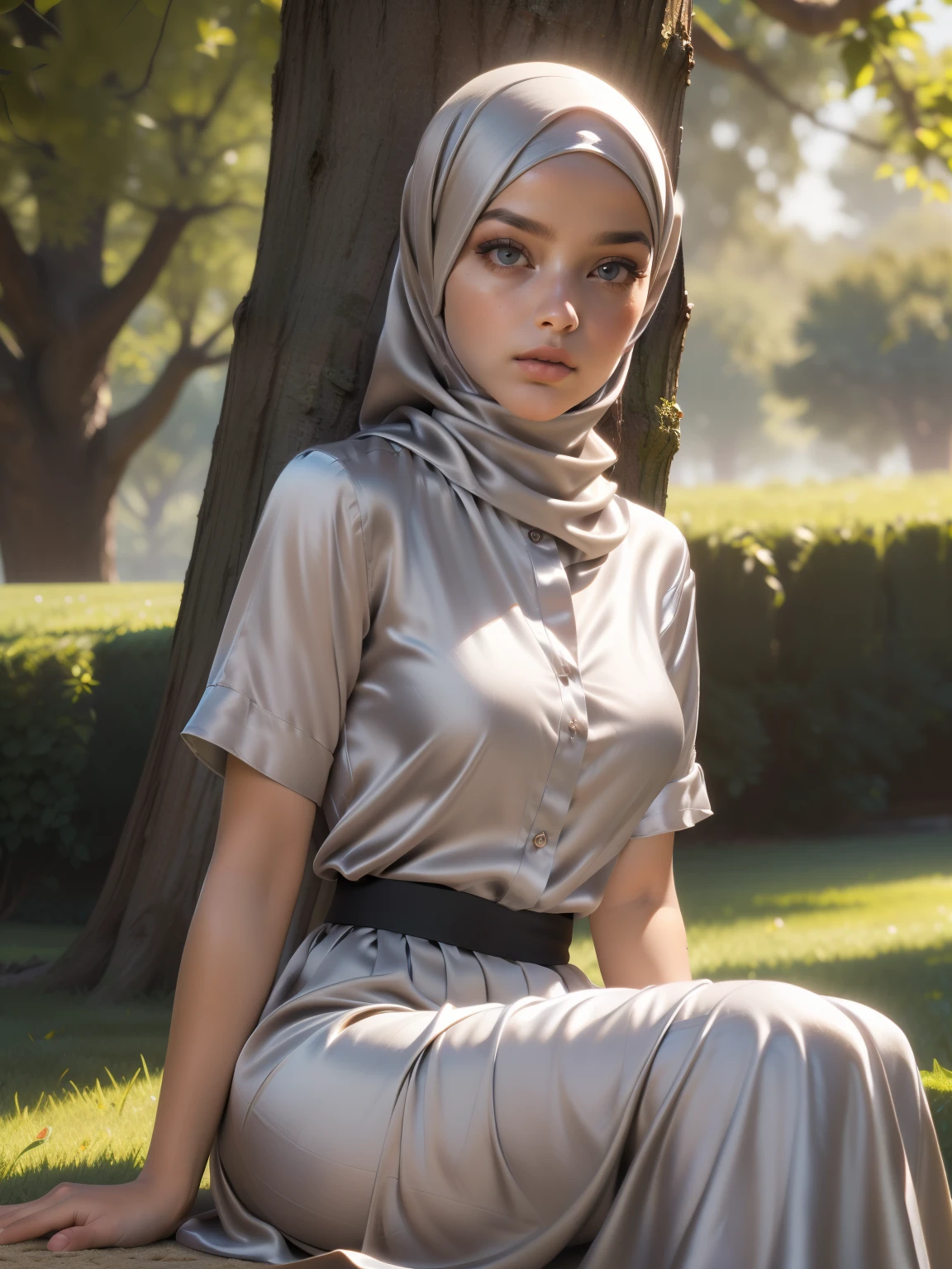 3DMM, ((Masterpiece, best quality, photography, detailed skin, realistic, photo-realistic, 8k, highly detailed, full length frame, High detail RAW color art, diffused soft lighting, shallow depth of field, sharp focus, hyperrealism, cinematic lighting, hijab, a woman in a beautifully makeup, smokey eyeshadow, beautiful big eyes, long eye lashes, wearing (Taupe satin hijab), loosely tide hijab style, ((gray satin shirt)), satin long maxi skirt, reading, sitting under tree, garden