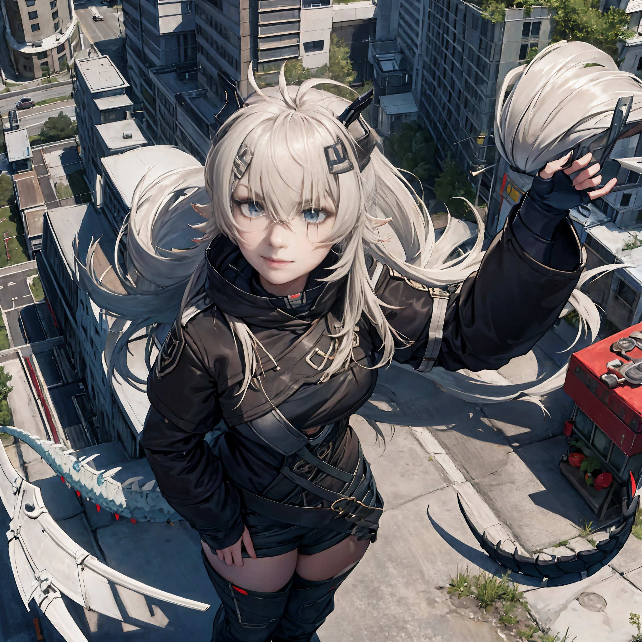 masterpiece, shoulder length white hair, female,2 white fox ears, teenage girl, body,, white scale dragon tail, military boots,black leggings, military combat pants, black T-shirt, white jacket open, medium size chest, detailed blue eyes,solo female,1 dragon tail, tomboyish, thick dragon tail, white scales, 2 dragon wings, white fluffy wings