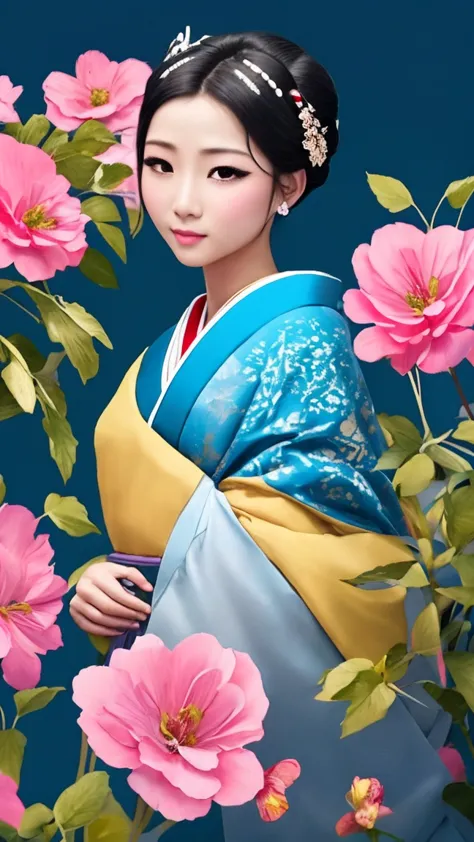 shadow flat vector art, masterpiece, 8k, highest quality, geisha, portrait, sweet smile, spring flowers, blue green and pink,Don...