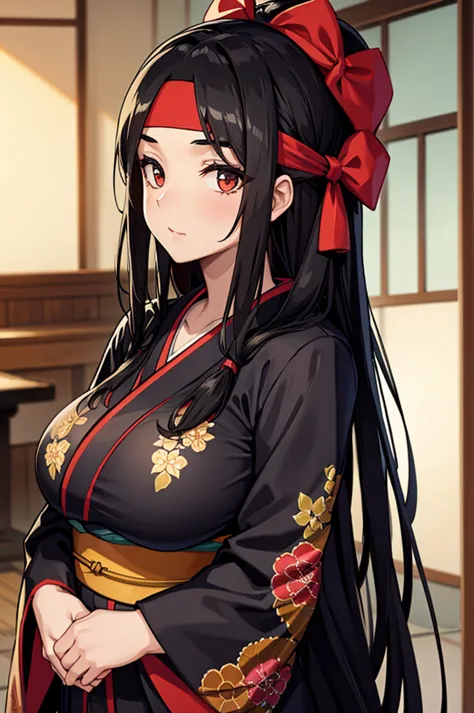 kimono, long black hair, headband, big breasts