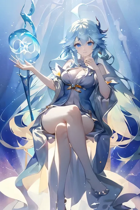 Seated posture，Anime girl wearing blue clothes，blue hair and blue clothes, flowing magic robe, ((beautiful fantasy queen)), Astral Witch Clothes, full body xianxia, Beautiful celestial mage, heise jinyao, beautiful fantasy queen, jellyfish priestess, Cotto...
