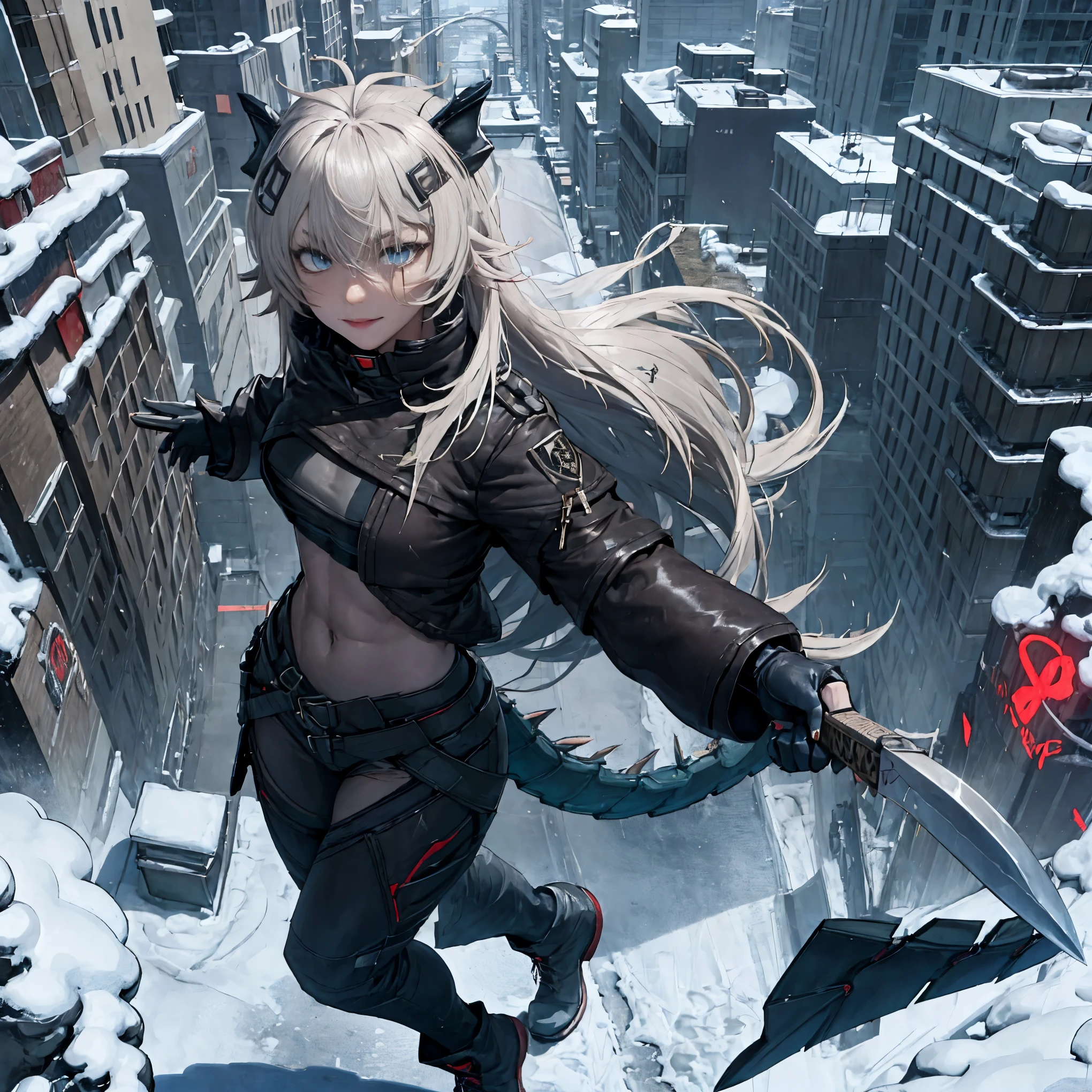 masterpiece, shoulder length white hair, female,2 white fox ears, teenage girl, body,, white scale dragon tail, military boots,black leggings, military combat pants, black T-shirt, white jacket open, medium size chest, detailed blue eyes,solo female,1 dragon tail, tomboyish, thick dragon tail, white scales, 2 dragon wings, white fluffy wings, combat knife in her hand