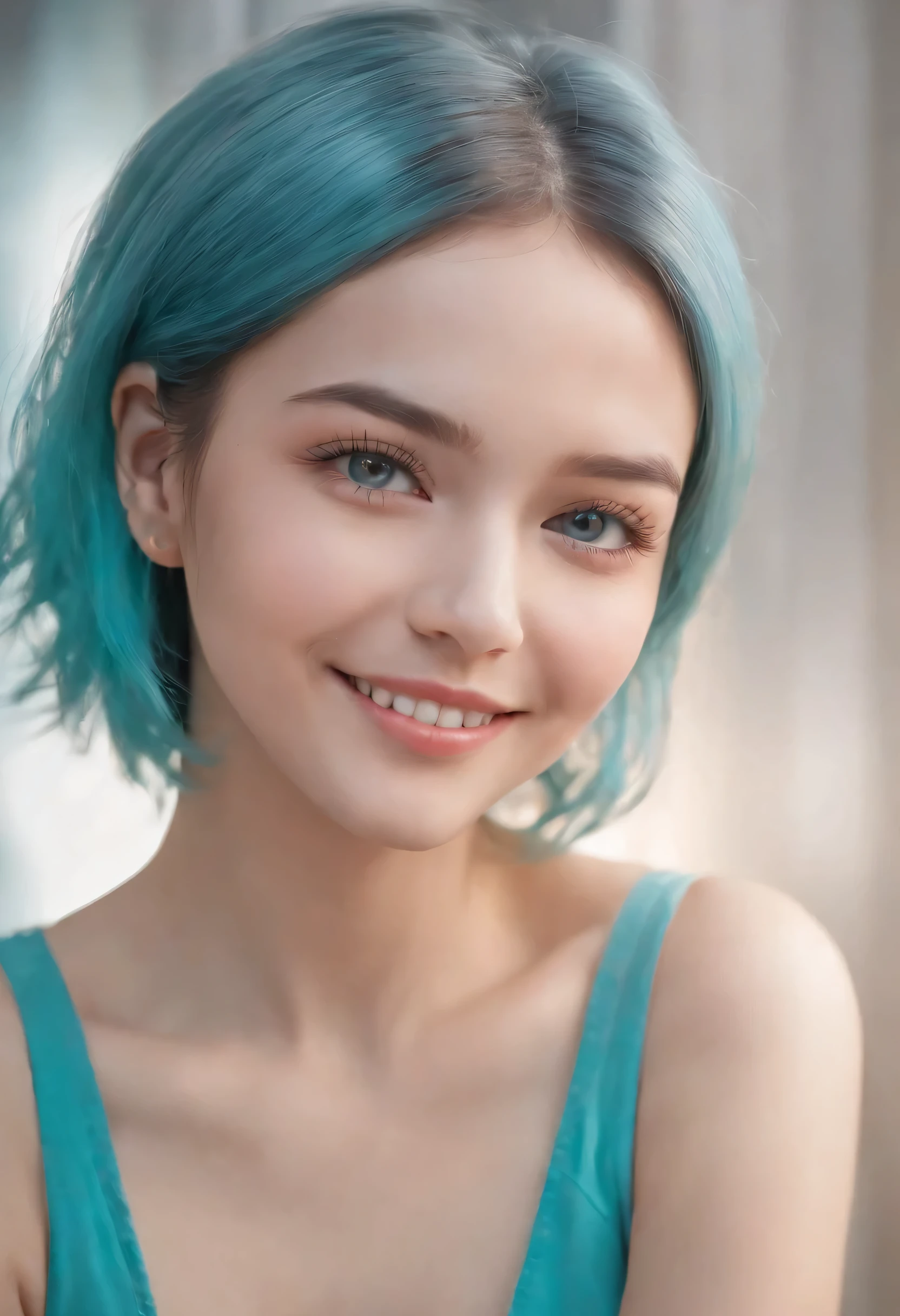 A woman with blue hair and a green top smiling - SeaArt AI