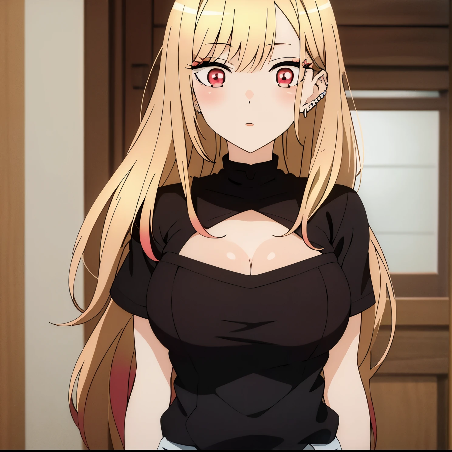 (masterpiece, best quality), 1girl, alone,Marin Kitagawa, beautiful girl, blonde hair, choker, ear piercing, earrings, long hair, piercing, (red eyes:1.5), straight hair, swept bangs, big chest,white top thin straps ,short shorts jeans , medium ,  , Exquisite visuals, high-definition,masterpiece,best quality, looking at viewer,looking at viewer,big breasts, medium waist, wide hips, medium thighs, perfect hands, perfect anatomy
