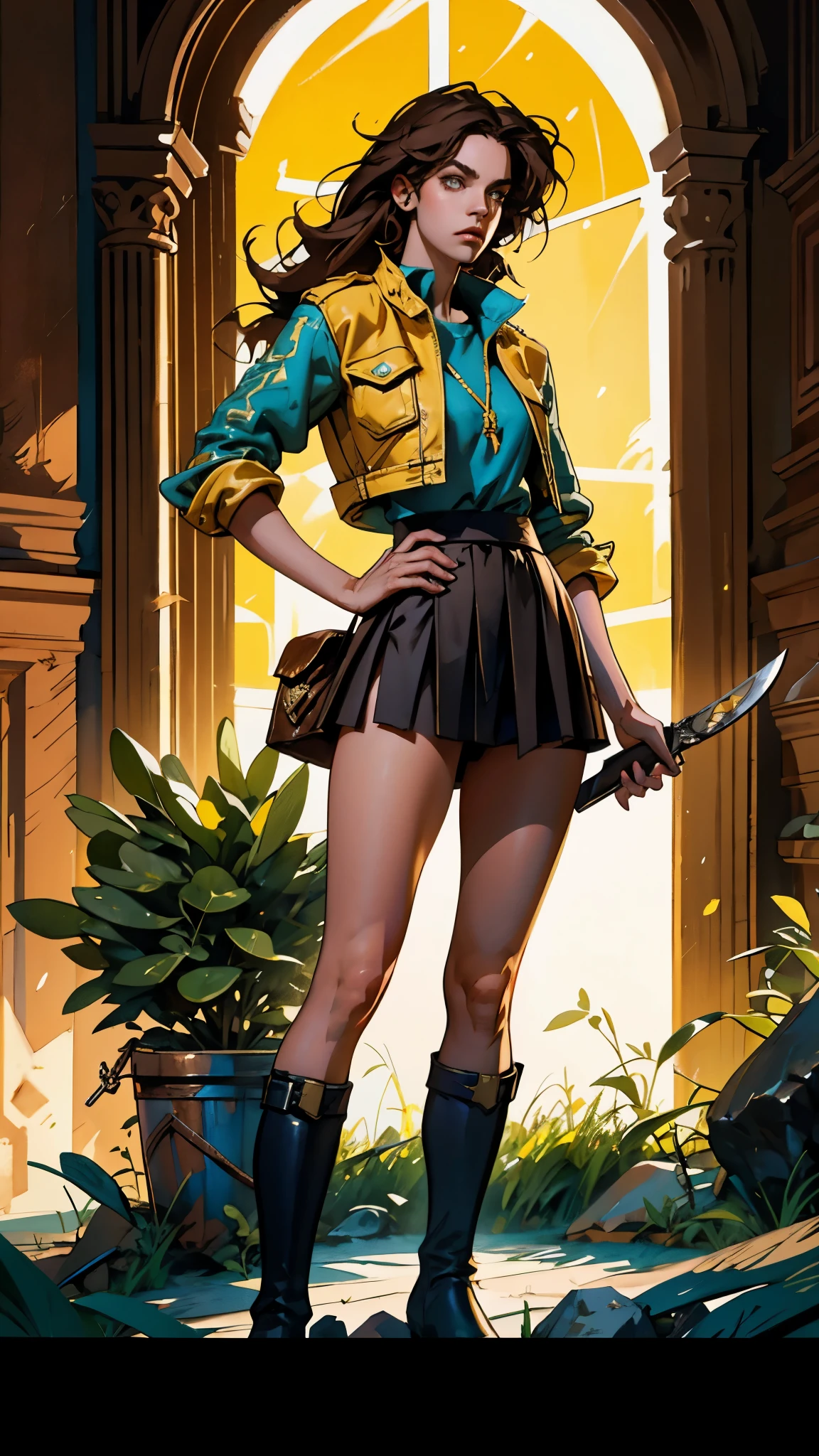 A woman with long brown hair, a determined expression on her exquisite face, a tall and muscular physique, a cropped top that exposes her waist, a yellow leather jacket with rolled-up sleeves, sturdy wooden forearm guards, two ribbons are elegantly tied around her right arm, a short skirt with a small tool pouch around her waist, a dagger is strapped to her thigh, rough cloth boots, her right hand holds a massive cleaver, standing in a fantasy-style wilderness city, this character embodies a finely crafted fantasy-style bounty hunter in anime style, exquisite and mature manga art style, high definition, best quality, highres, ultra-detailed, ultra-fine painting, extremely delicate, professional, anatomically correct, symmetrical face, extremely detailed eyes and face, high quality eyes, creativity, RAW photo, UHD, 8k, Natural light, cinematic lighting, masterpiece-anatomy-perfect, masterpiece:1.5