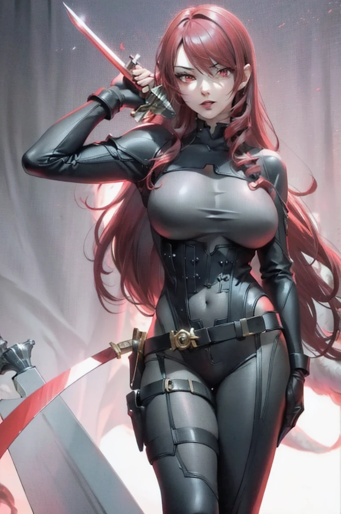 a woman with red lipstick has armor on and is holding a sword, kirijou mitsuru, 1girl, solo, hair over one eye, long hair, (((red hair))), (((red eyes))), weapon, rapier, sword, bodysuit, black bodysuit, grey bodysuit, hand on hip, (((large breasts))), simple background, white background, (purple theme:1.2)