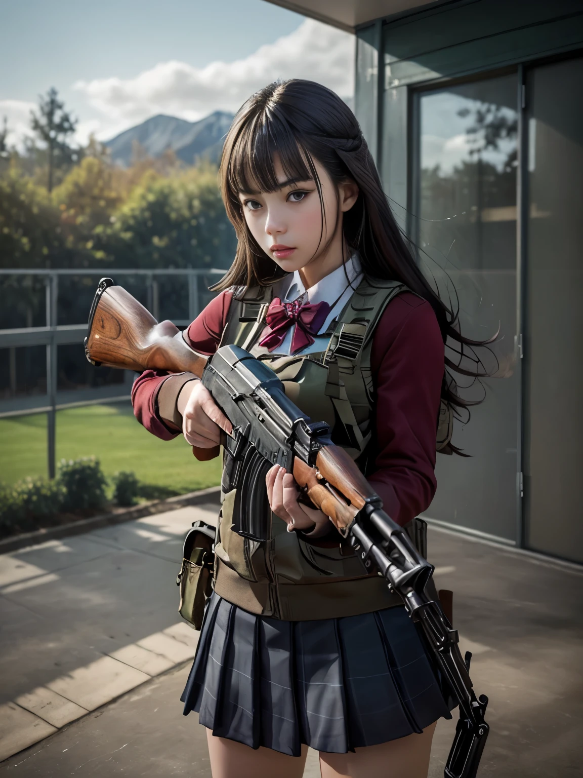 傑作, 最高品質, 高解像度, 非常に詳細なCG,  1人の女の子, 学生服, 銃を所持, , AKM, アサルトライフル, カラシニコフライフル, (目指す:1.2), 引き金に指をかける,