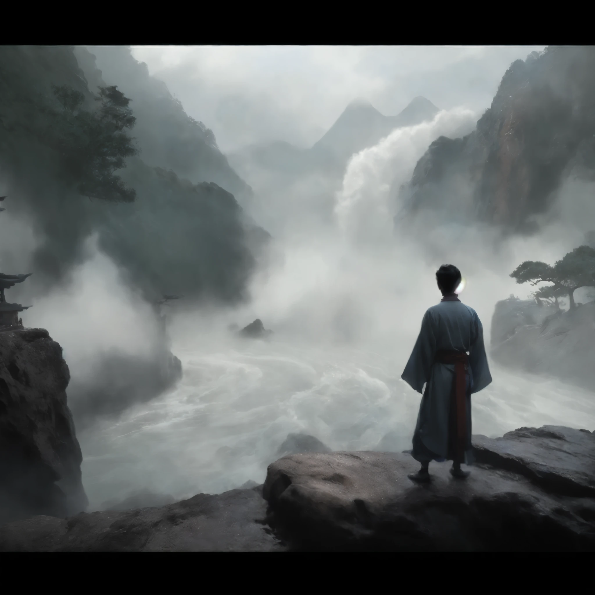 Alafid man in kimono standing on rocks overlooking river, Matte Painting Portrait Shoot, Matte painting 4k 8k, cinematic. author：Leng Jun, 8k matte painting, 8k matte painting, 4K matte painting, Photographic concept art, 4k high definition matte digital, 3D rendering and matte, epic matte painting