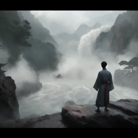 Alafid man in kimono standing on rocks overlooking river, Matte Painting Portrait Shoot, Matte painting 4k 8k, cinematic. author...