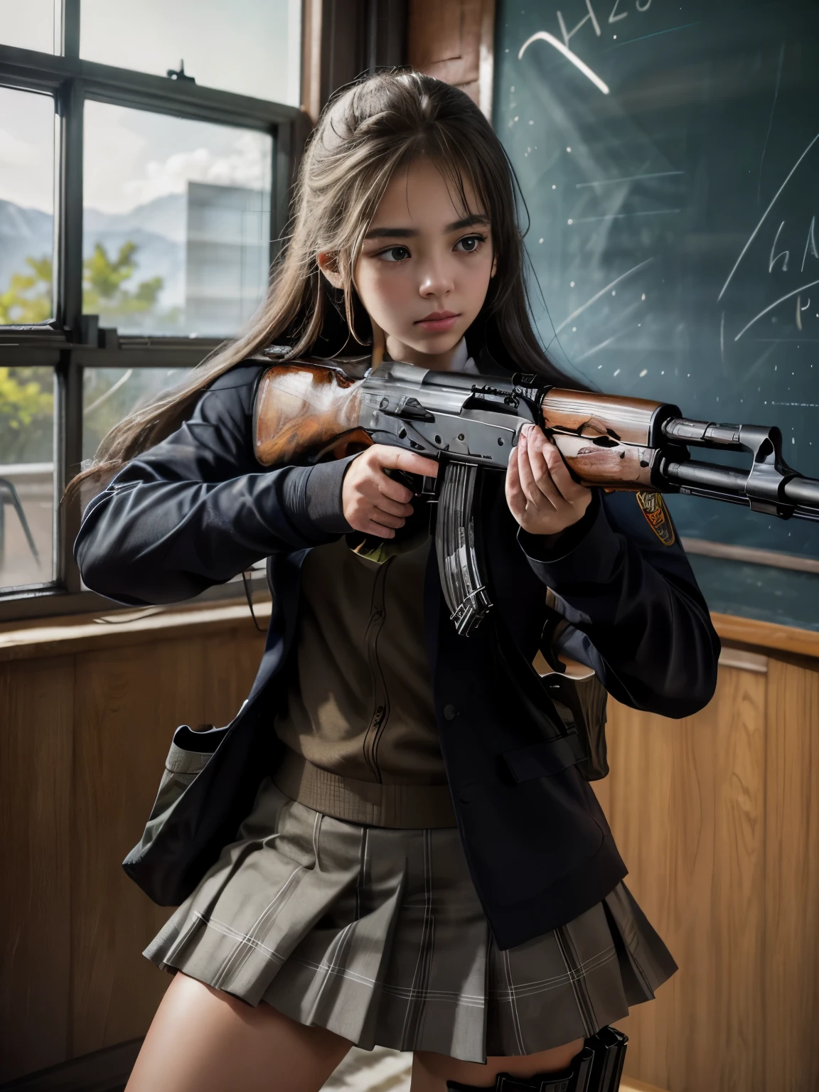 傑作, 最高品質, 高解像度, 非常に詳細なCG,  1人の女の子, 学生服, 銃を所持, , AKM, アサルトライフル, カラシニコフライフル, (目指す:1.2), 引き金に指をかける,