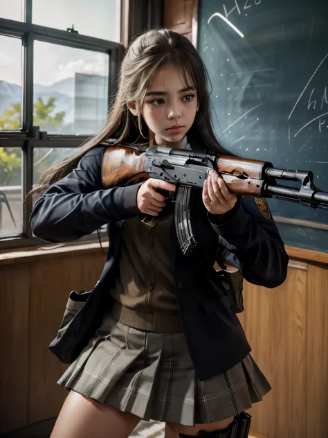 masterpiece, best quality, high resolution, extremely detailed CG,  1girl, school uniform, holding gun, ak-47, akm, assault rifl...