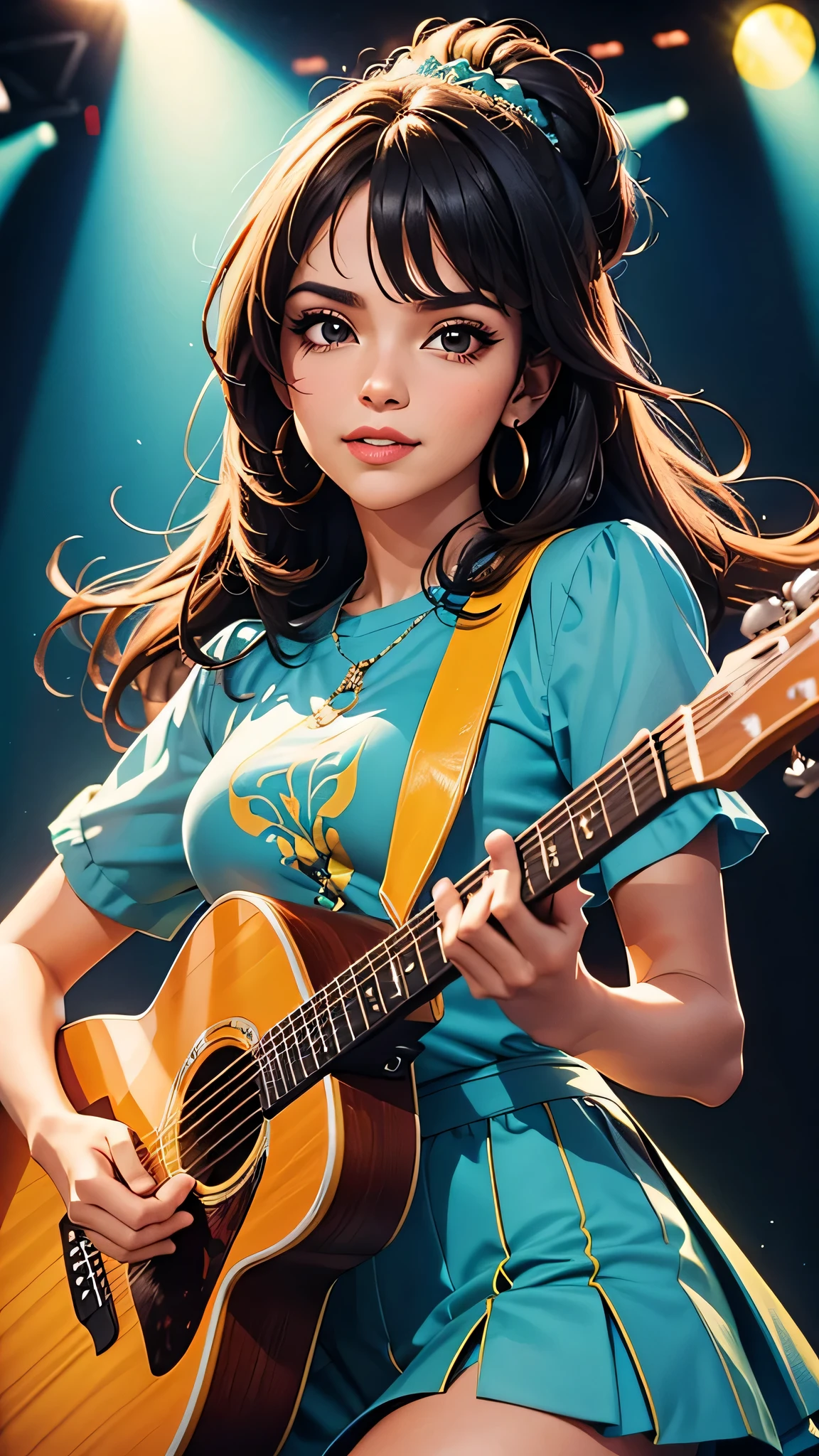 generate famous country pop star from Brazil the beautiful Paula Fernandes, playing acoustic guitar on stage, high quality and realism, 8k,uhd, com roupas tipicas female country style