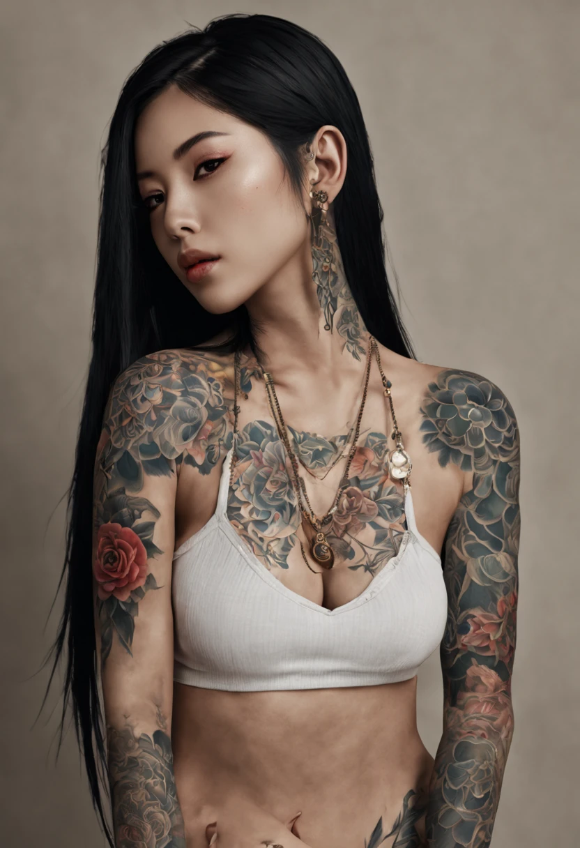 [[Visage très détaillé]], [[visage de déesse]], Une fille Yakuza, montrant tous ses tatouages, Image du corps entier, elle est couverte de tatouages, longs cheveux noirs, images de haute qualité, Moteur irréel, texture de peau parfaite, visage de déesse