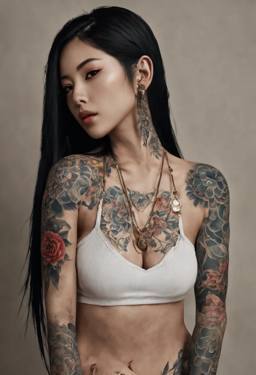 [[highly detailed face]], [[goddess face]], An Yakuza girl, showing all her tattoos, full body image, she is covered in tattoos,...