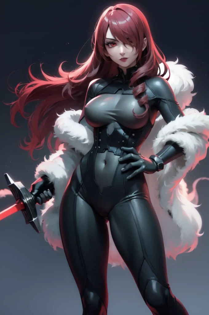 a woman with red lipstick has armor on and is holding a Schwert, kirijou mitsuru, 1 Mädchen, Allein, Haare über einem Auge, lange Haare, (((Rote Haare))), (((rote Augen))), Waffe, rapier, Schwert, Body, black Body, grey Body, Hand auf der Hüfte, (((große Brüste))), Einfacher Hintergrund, weißer Hintergrund, (Lila Thema:1.2)
