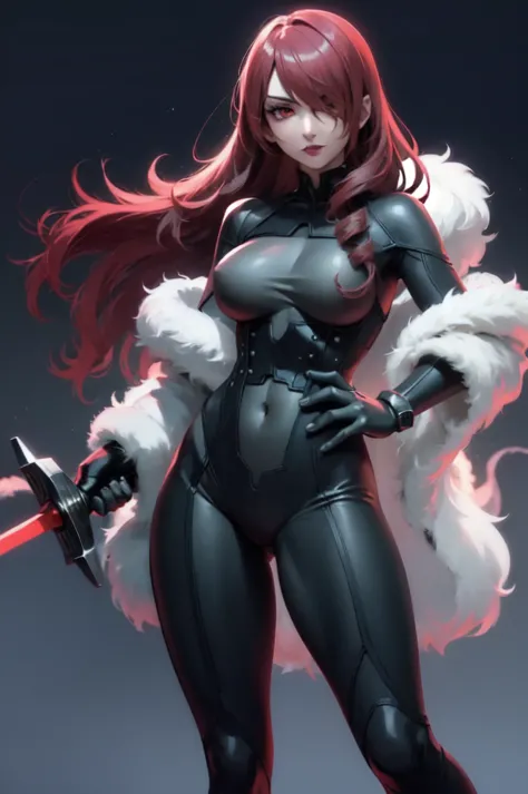 a woman with red lipstick has armor on and is holding a sword, kirijou mitsuru, 1girl, solo, hair over one eye, long hair, (((re...