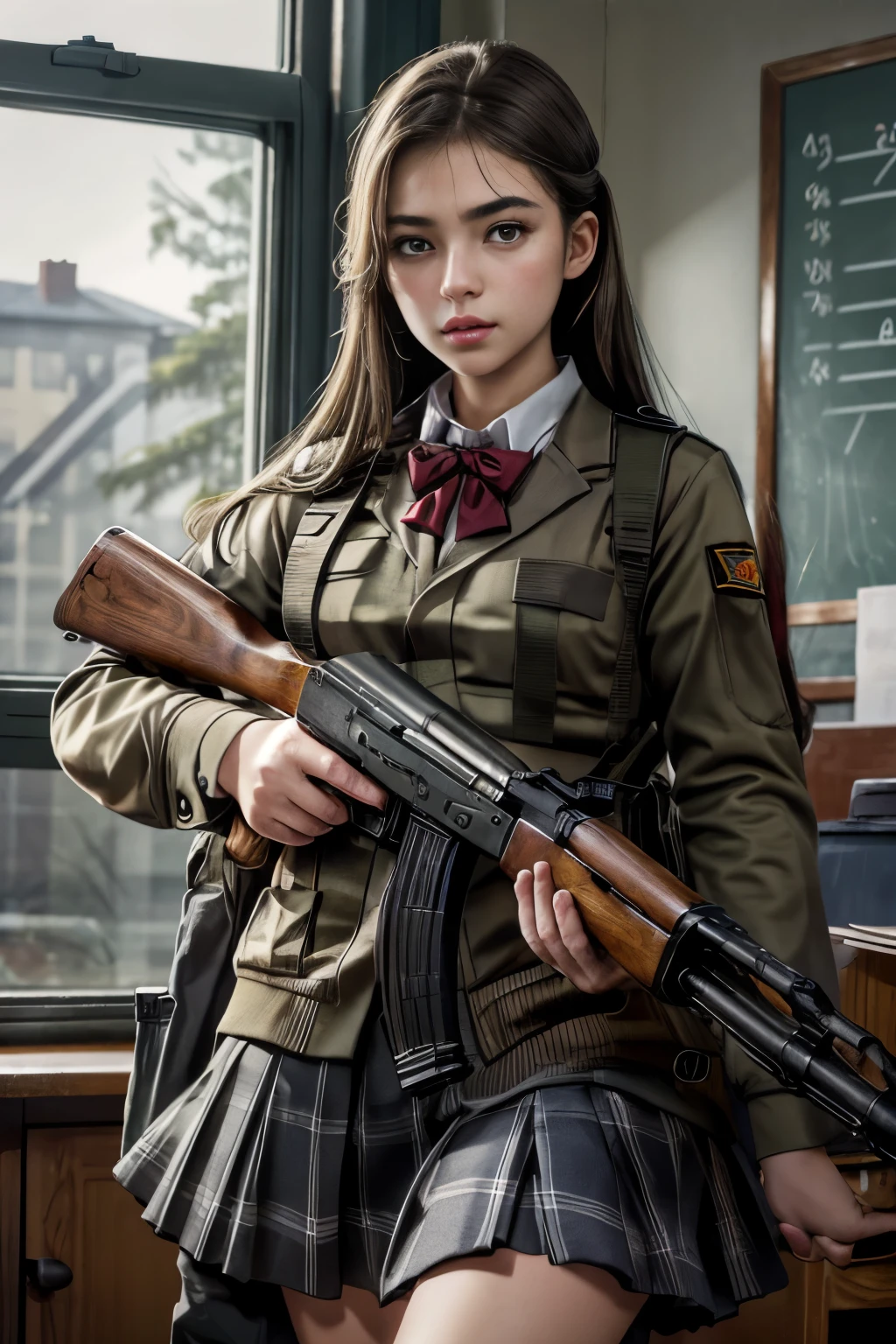 傑作, 最高品質, 高解像度, 非常に詳細なCG,  1人の女の子, 学生服, 銃を所持, , AKM, アサルトライフル, カラシニコフライフル, (目指す:1.2), 引き金に指をかける,