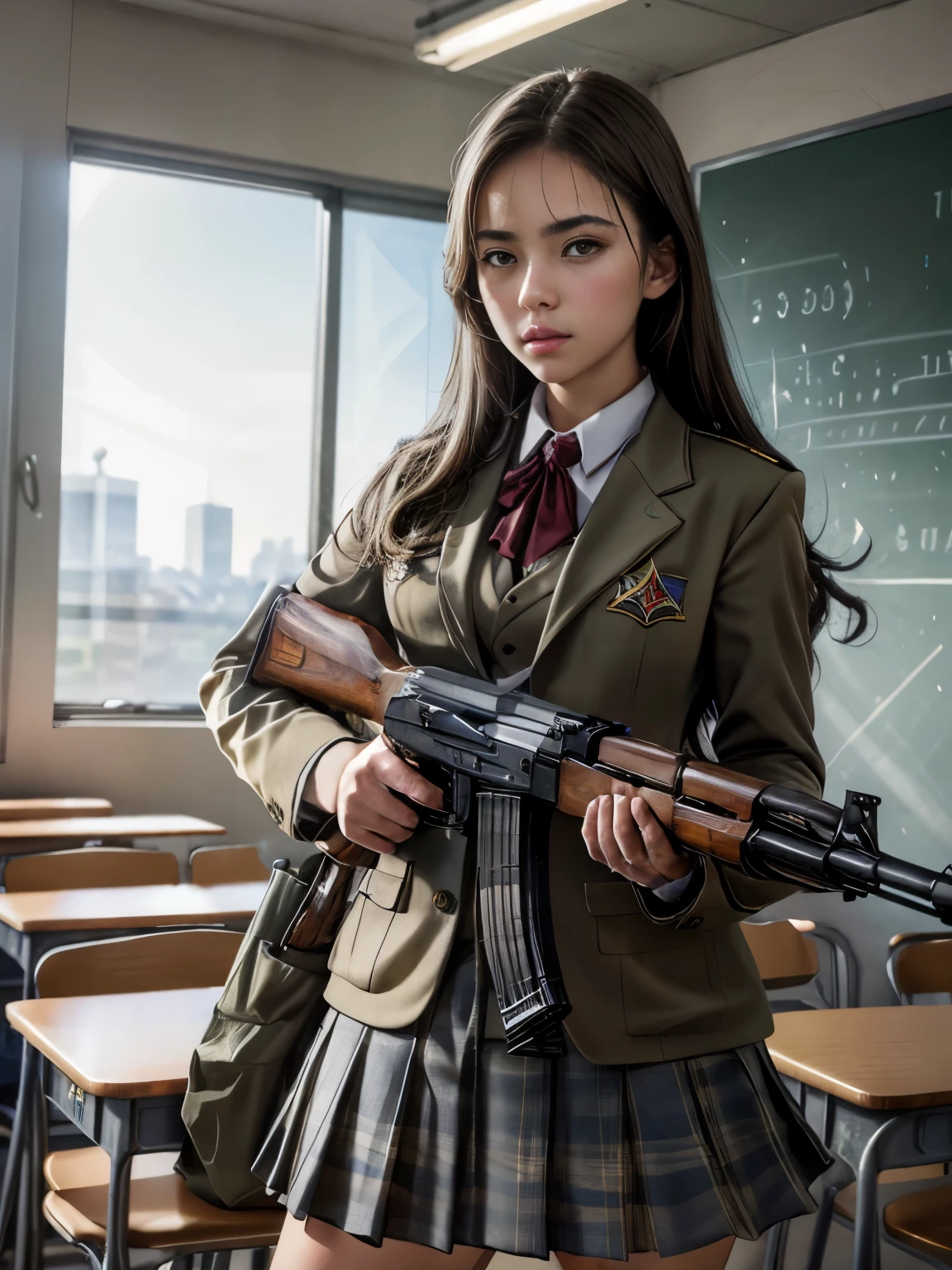 chef-d&#39;œuvre, Meilleure qualité, haute résolution, CG extrêmement détaillé,  1fille, uniforme scolaire, holding , actuel, kalachnikov_fusil, agression_fusil, holding_pistolet, (visée:1.2), doigt sur la gâchette, fond de salle de classe