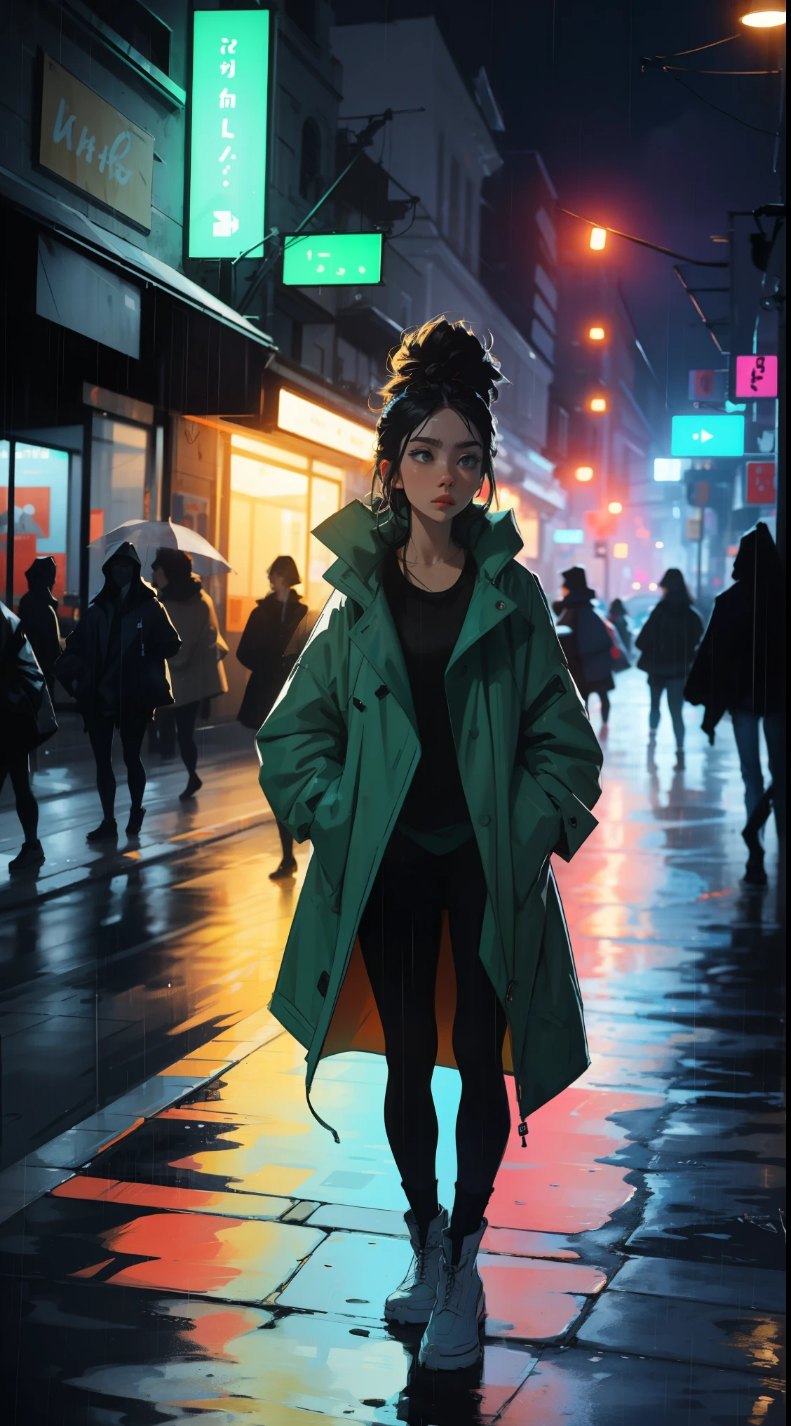 여자 1명,밤 도시,비,코트,주머니에 손, 네온, 빛 누출, 생생한 색상, 대담한 색상.
