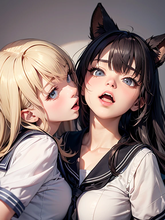 super fine illustration,masterpiece,best quality,ultra detailed,2girls,yuri,look at each other,eye contact,(sheer sailor school uniform:1.4),short sleeves,(covered nipples:1.1),breasts press against breasts,large breasts,medium hair,blush,shy,（super beatiful detailed big eyes：1.3）,(beautiful gray eyes), (from above:1.5),(looking at camera :1.5),(open mouth,orgasm;1.2)