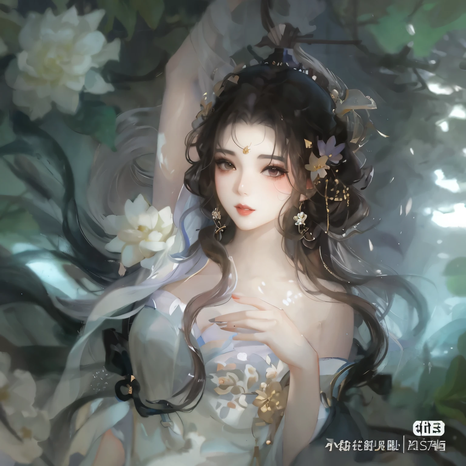 anime girl,long hair,Flowers in the hair, ethereal beauty, ((beautiful fantasy queen)), beautiful figure painting, author：Yang Jie, beautiful fantasy queen, guweiz, guweiz style artwork, Queen of the Sea Mu Yanling, Hungry Ghost Festival, Bowater&#39;s art style, Popular topics on cgstation