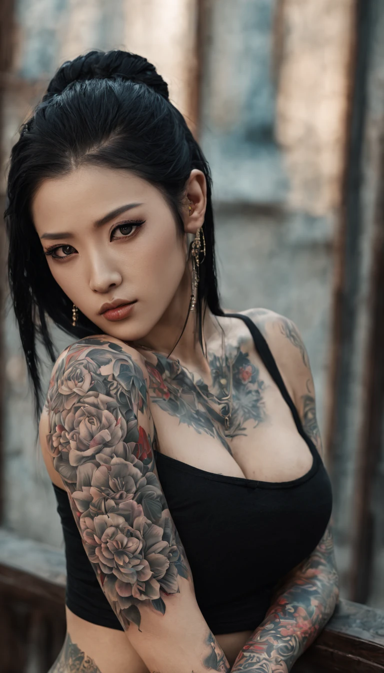 [[Visage très détaillé]], [[visage de déesse]], Une fille Yakuza, montrant tous ses tatouages, Image du corps entier, elle est couverte de tatouages, longs cheveux noirs, images de haute qualité, Moteur irréel, texture de peau parfaite, visage de déesse