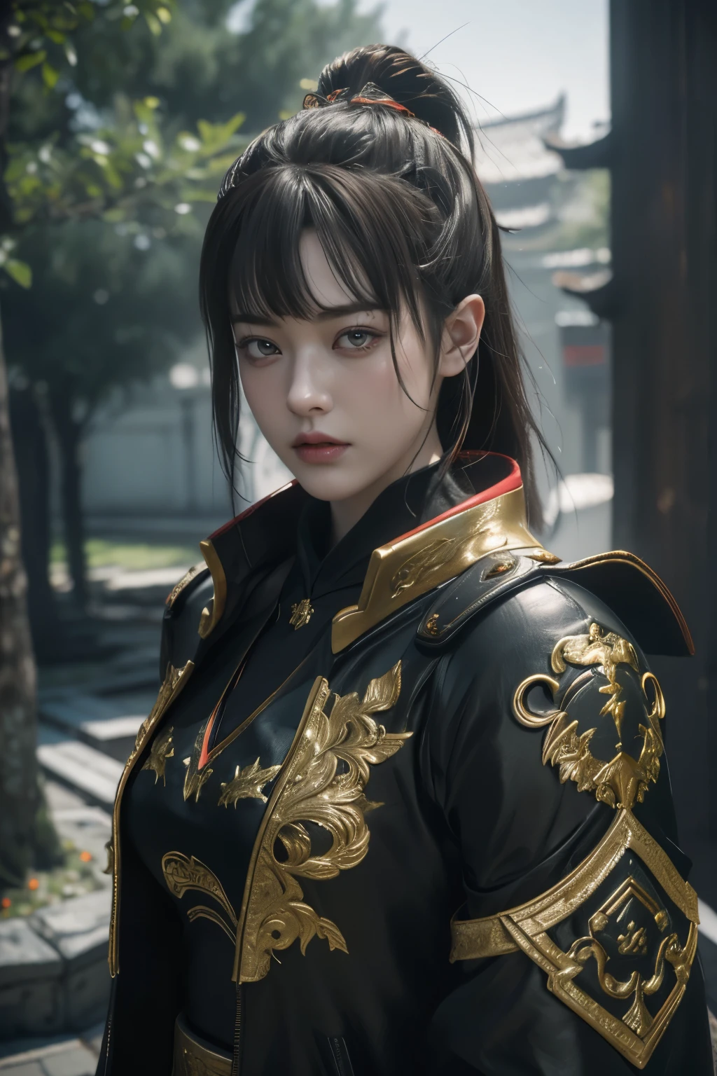 Game art，The best picture quality，Highest resolution，8k，(A bust photograph)，(Portrait)，(Head close-up)，(Rule of thirds)，Unreal Engine 5 rendering works， (The Girl of the Future)，(Female Warrior)， 22-year-old girl，(Female hackers)，(White，Ancient Oriental hairstyle)，((The pupils of the red eyes:1.3))，(A beautiful eye full of detail)，(Big breasts)，(Eye shadow)，Elegant and charming，indifferent，((anger))，(Cyberpunk jacket full of futuristic look，Joint Armor，There are exquisite Chinese patterns on the clothes，A flash of jewellery)，Cyberpunk Characters，Future Style， Photo poses，City background，Movie lights，Ray tracing，Game CG，((3D Unreal Engine))，oc rendering reflection pattern