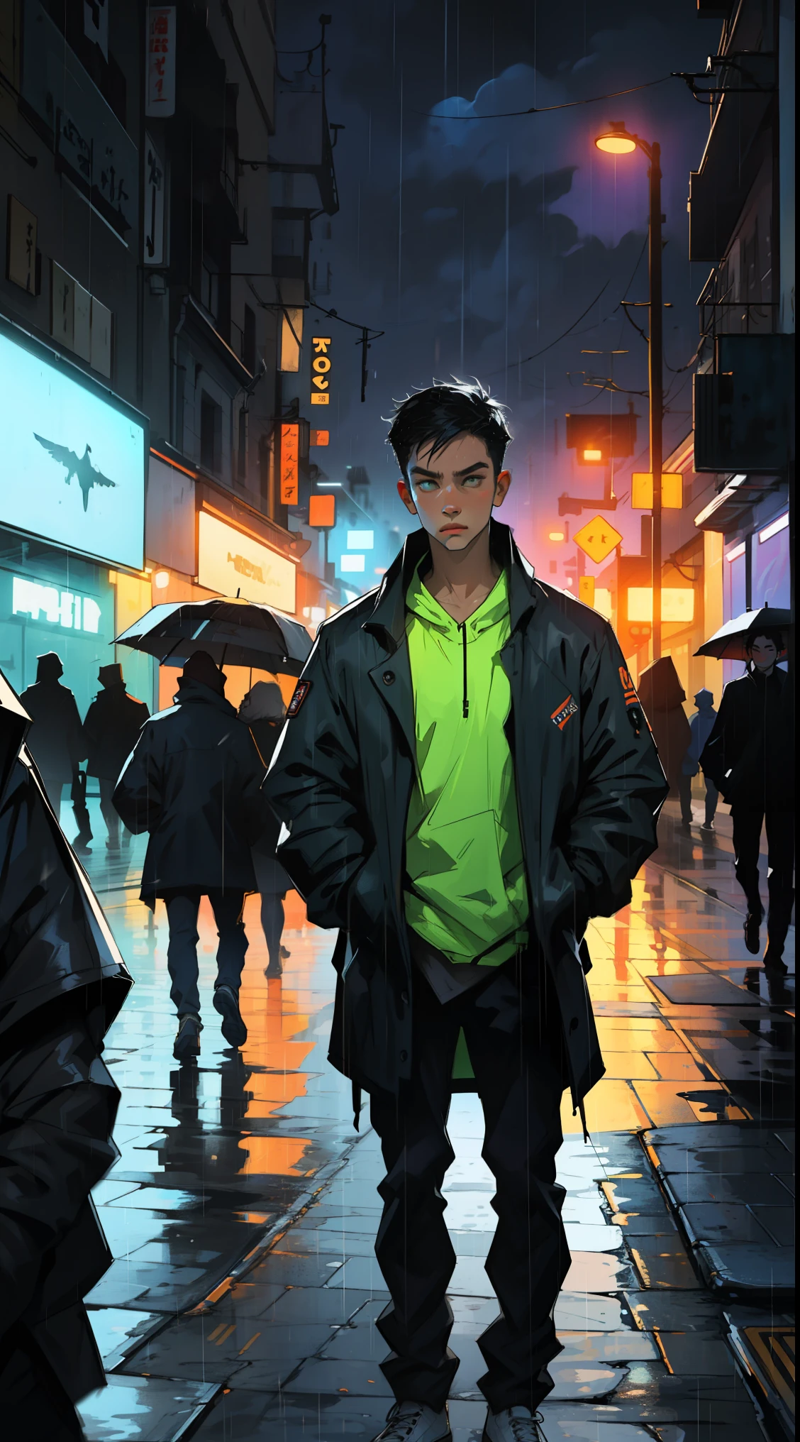 1 mâle,ville de nuit,pluie,manteau,les mains dans les poches, néon, fuites de lumière, couleurs vives, teintes audacieuses.