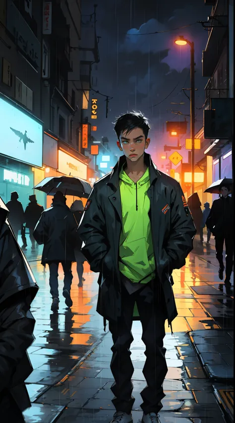1 male,night city,rain,coat,hands in pockets, neon, light leaks, vibrant colors, bold hues.