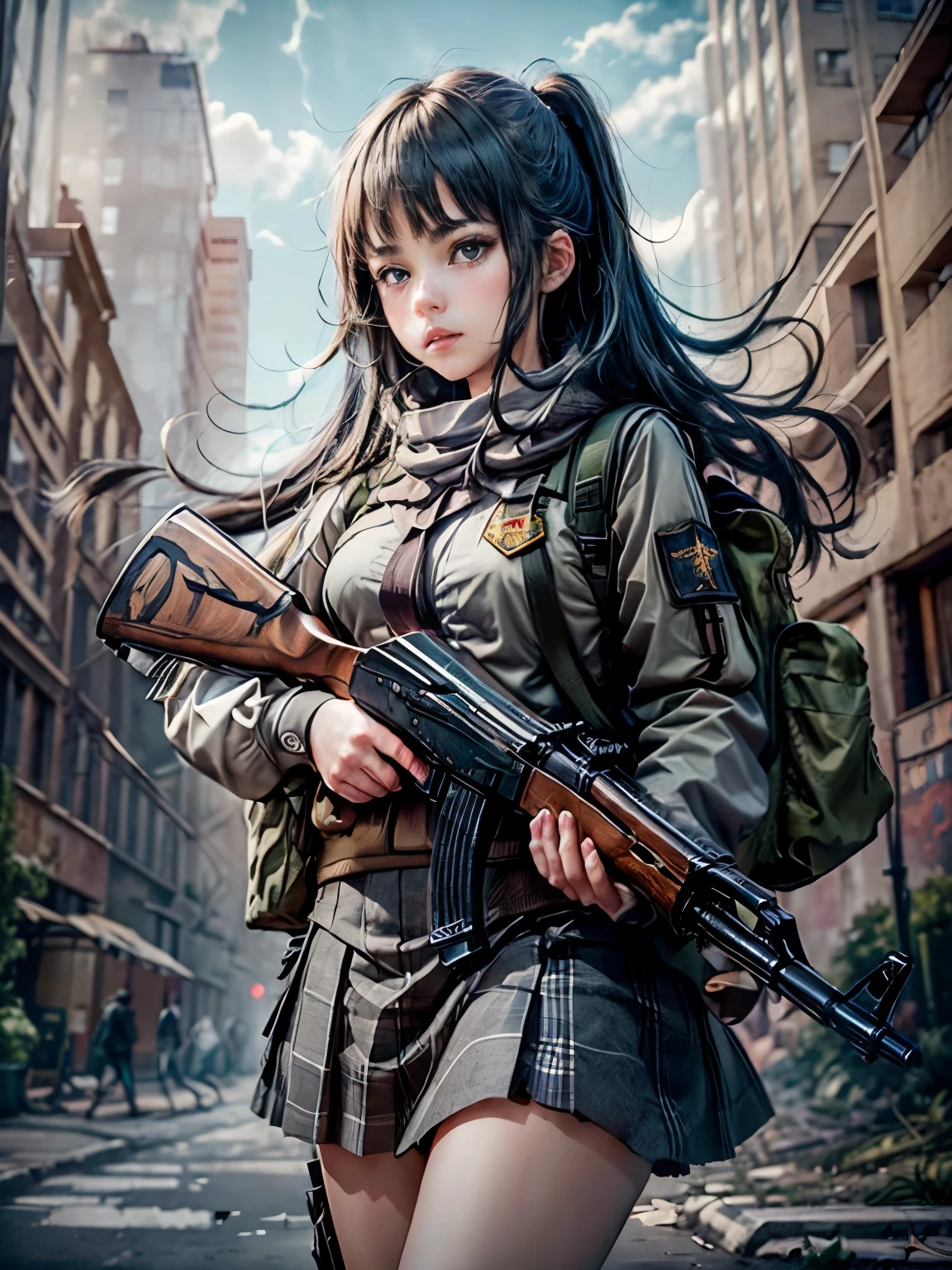 obra de arte, melhor qualidade, Alta resolução, CG extremamente detalhado, 1 garota, uniforme escolar, contenção , AKM, Kalashnikov_rifle, assalto_rifle, contenção_pistola, (visando:1.2), dedo no gatilho, (dedos bem trabalhados:1.3), ((fundo da cidade arruinada))