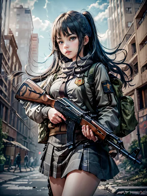 masterpiece, best quality, high resolution, extremely detailed CG, 1girl, school uniform, holding ak-47, akm, kalashnikov_rifle,...