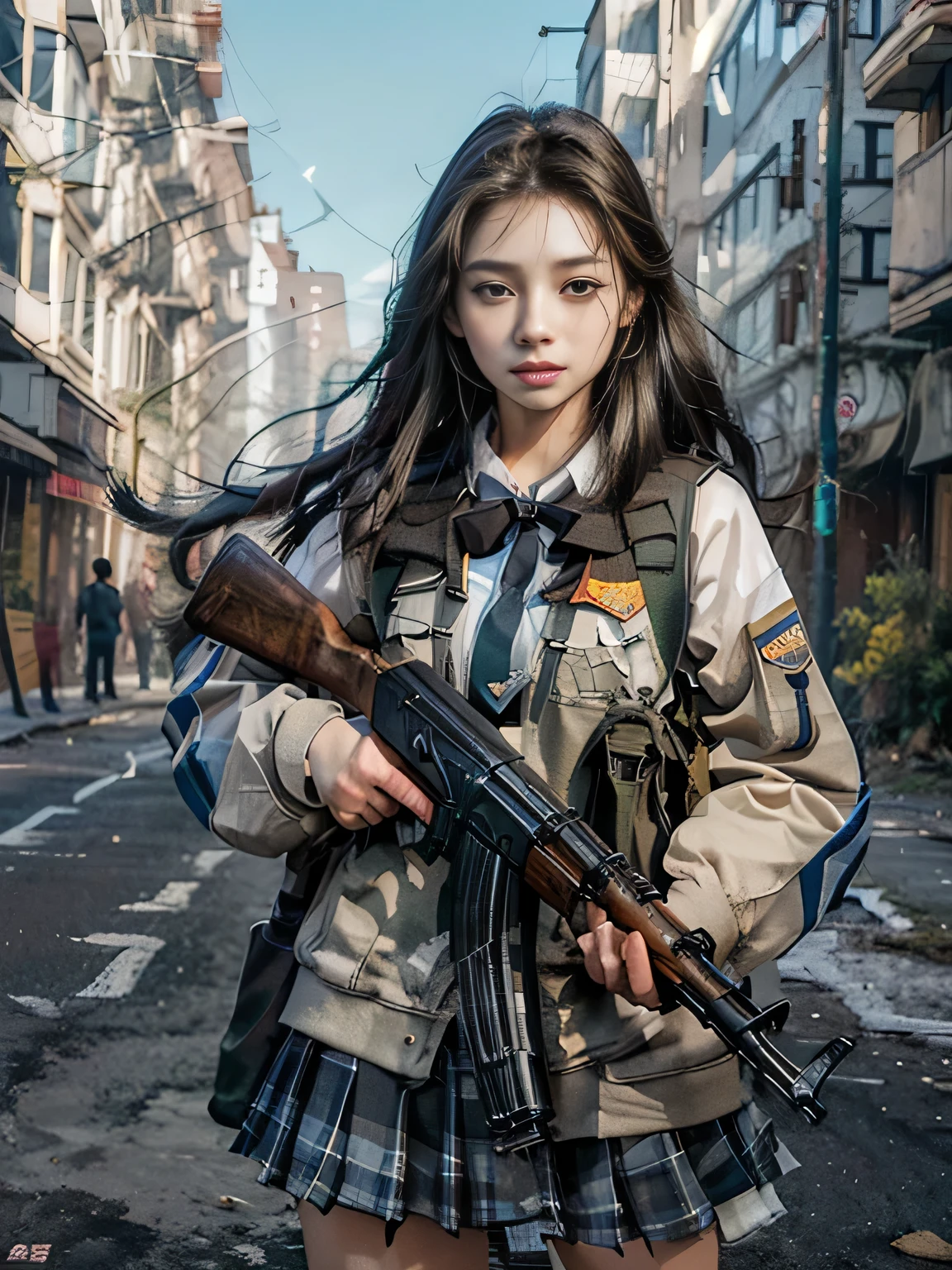 masterpiece, best quality, high resolution, extremely detailed CG, 1girl, school uniform, holding , akm, kalashnikov_rifle, assault_rifle, holding_gun, (aiming:1.2), finger on trigger, (well crafted fingers:1.3), ((destroyed city street background))