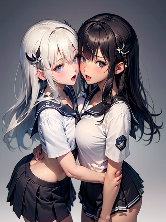 super fine illustration,masterpiece,best quality,ultra detailed,2girls,yuri,look at each other,eye contact,(sheer sailor school uniform:1.4),short sleeves,(covered nipples:0.9),breasts press against breasts,large breasts,medium hair,blush,shy,（super beatiful detailed big eyes：1.3）,(beautiful gray eyes), (from above:1.5),(looking at camera :1.5),(open mouth,orgasm;1.2)