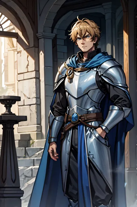 middle aged male，General，blue colored armor，knight，Serious，cloak，Handsome，stand