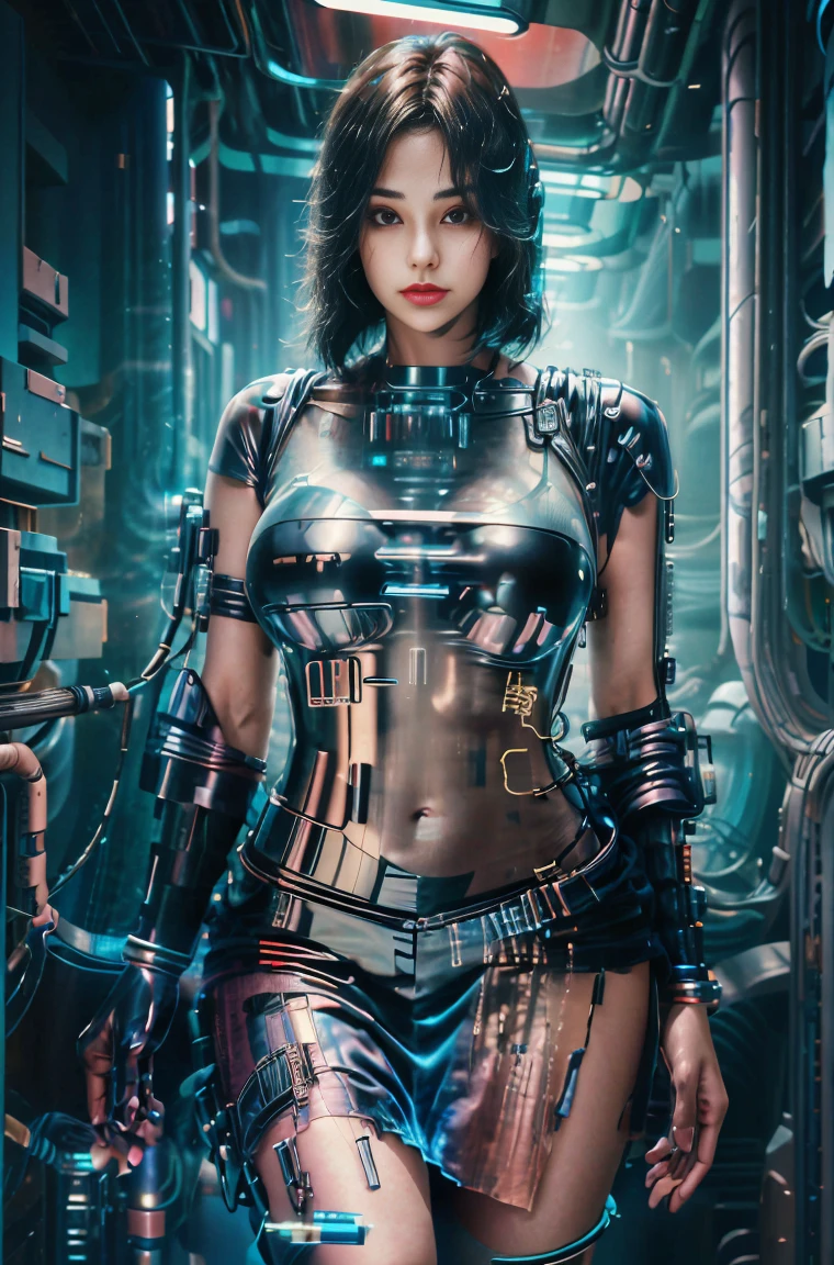 Beautiful girl in cyberpunk scene with medium breasts, medium-bob hair, (see-through, lower breasts),  visible from dress, full-body