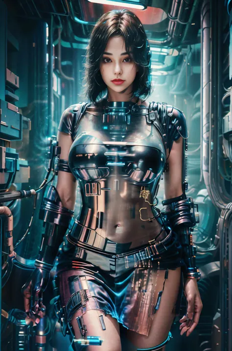 beautiful girl in cyberpunk scene with medium breasts, medium-bob hair, (see-through, lower breasts),  visible from dress, full-...