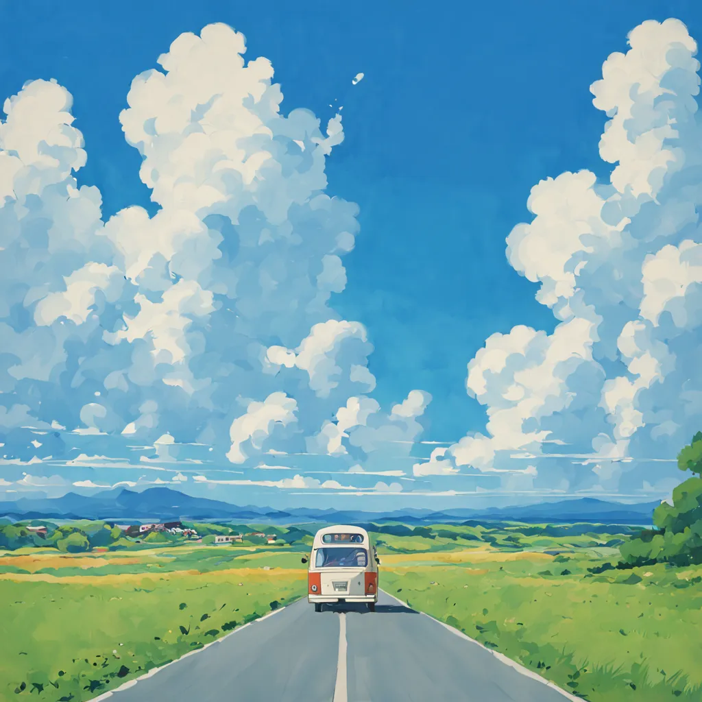 (Minimalism:1.4), There is a minibus on the road, ghibli studio art, Miyazaki, Pasture with blue sky and white clouds
