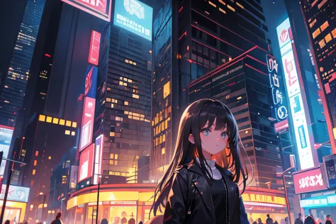 Create a captivating illustration featuring a girl gazing out over a cityscape that blends nostalgia with cyberpunk elements. In...