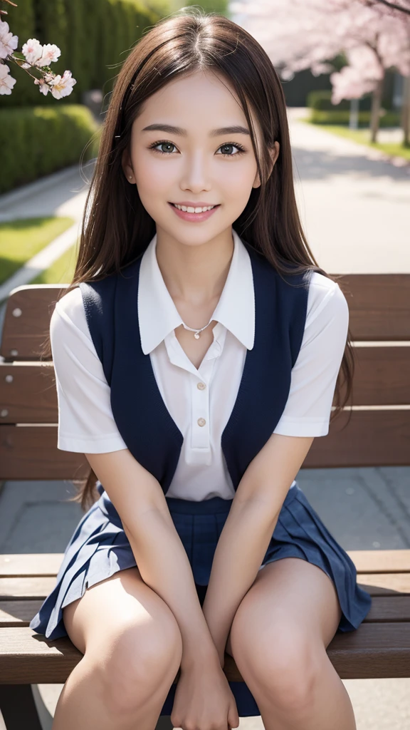 (1 girl), wonderful face and eyes, (big round eyes:1.15), (Highly detailed beautiful face), smile, bikini、(school uniform, pleated mini skirt:1.3), (school uniform with open breasts), (highest quality:1.4), (Super detailed), (超realistic, realistic:1.37), Fair skin, 8k wallpaper that integrates high-definition CG, RAW photo, professional photos, cinematic lighting, sitting, bench, spread your legs, (No panties), (cleft of venus:1.3), (Cherry Blossom), 