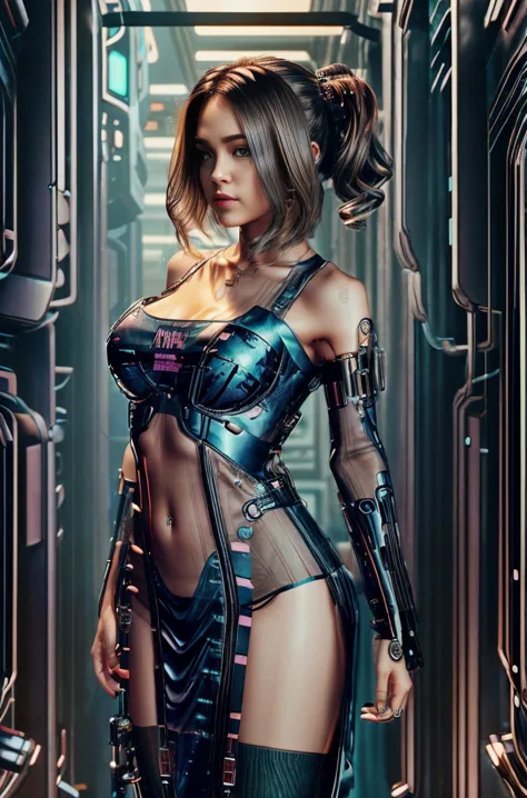 Beautiful girl in cyberpunk scene with medium breasts, medium-bob hair, (see-through, lower breasts),  visible from dress, full-...