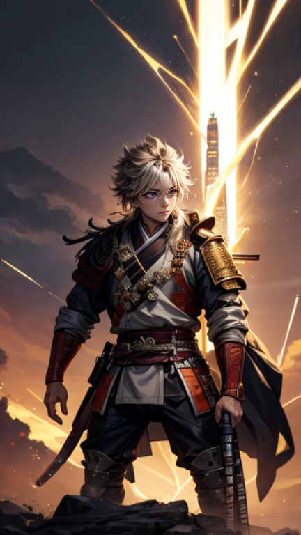 The young Samurai has messy hair, wears a gray sweater that says "HEROES", dark brown leather pants with lots of pockets. Adventurer's shoes, carrying a samurai on his back, hands crossed on his chest, there is a flash of lightning, alert pose, face facing the camera, skyscraper background and shades of black with gold gradations at night. fullbody