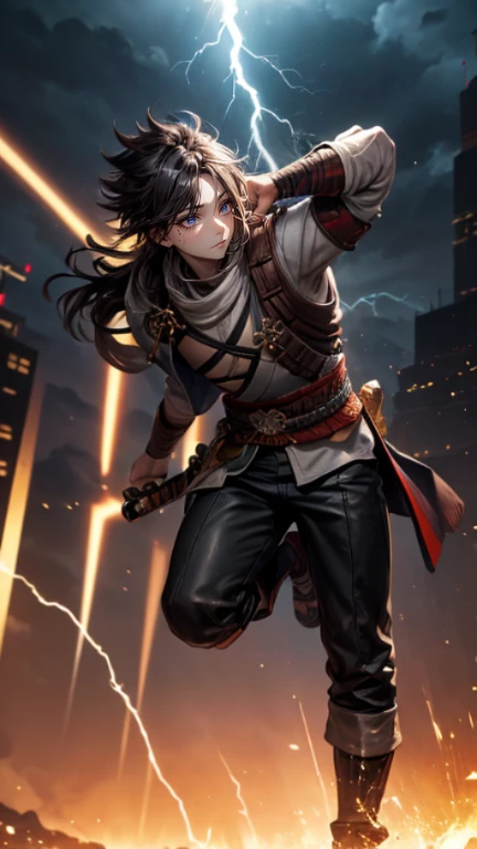 The young Samurai has messy hair, wears a gray sweater that says "HEROES", dark brown leather pants with lots of pockets. Adventurer's shoes, carrying a samurai on his back, hands crossed on his chest, there is a flash of lightning, alert pose, face facing the camera, skyscraper background and shades of black with gold gradations at night. fullbody